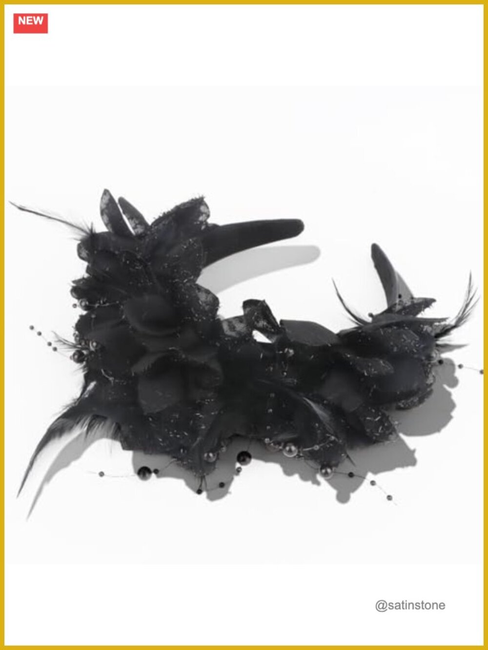 Gothic Flower Feather Headband Pearl Embellished Wedding Headpiece